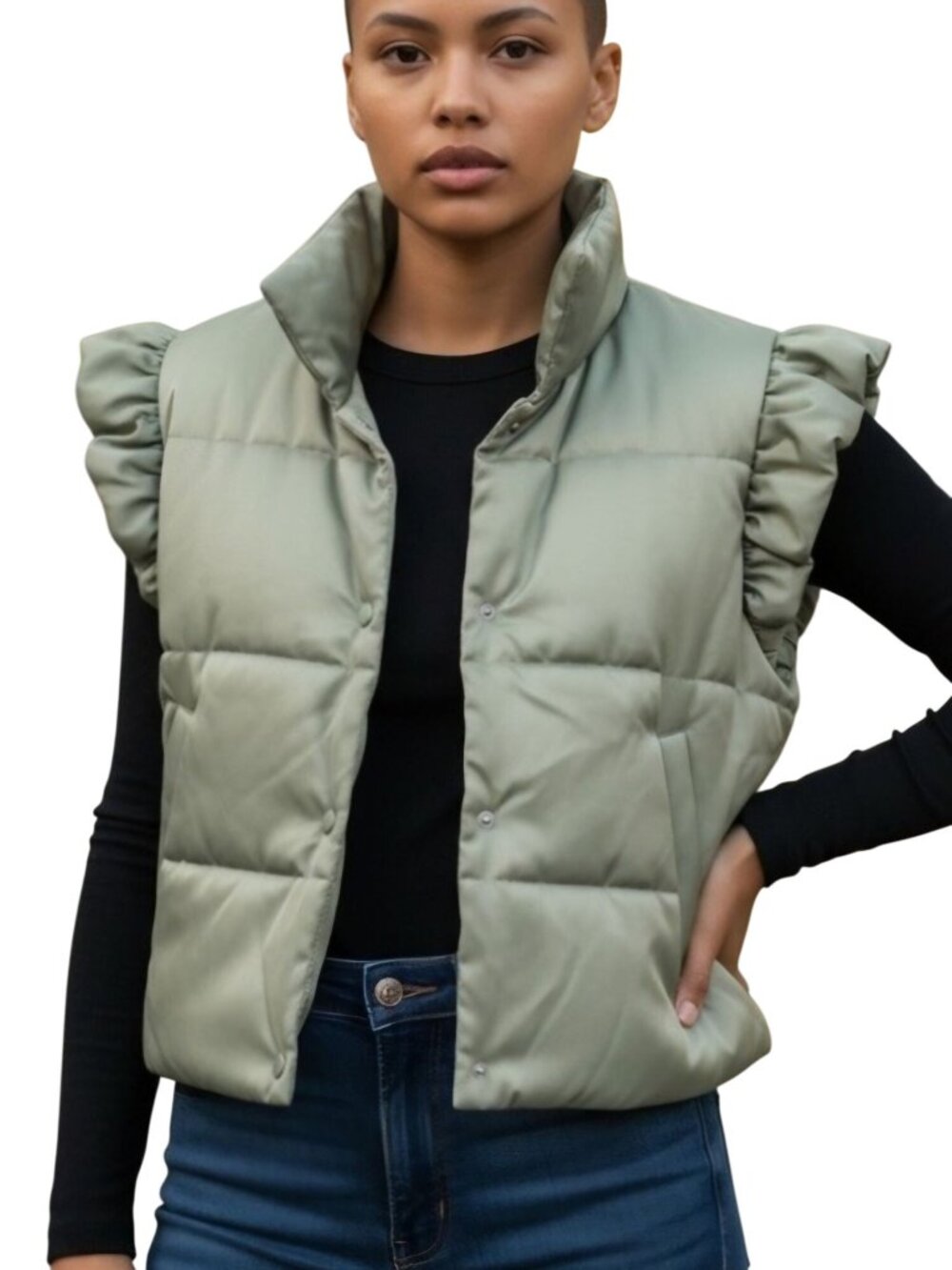 Altar'd State Puff Sleeve Soft Green Vest Snap Closure Pockets Size L